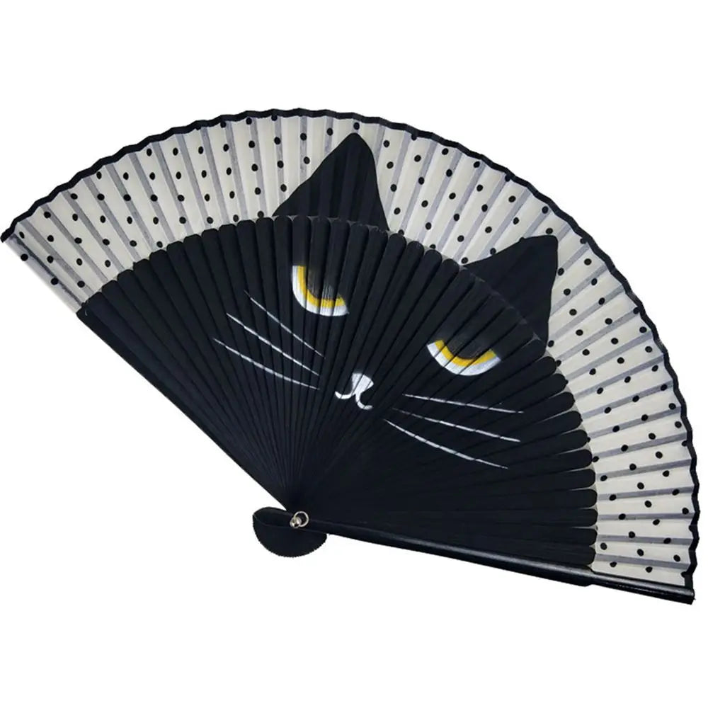 #HE1005 Cat Fan Bamboo Wooden Chinese Style Exiquisite Summer Gift Cartoon Totora  Patterns Home Decoration Fan Crafts Silk Fan Folding Fan