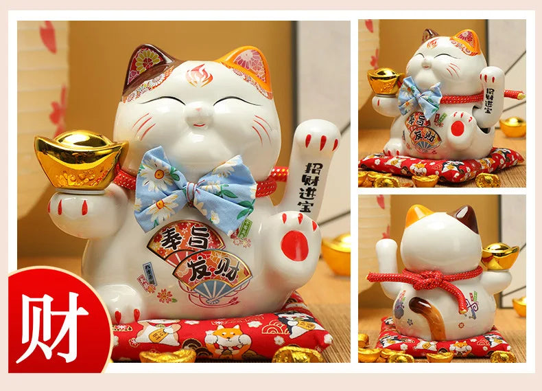 7.5 inches Waving Fortune Cat Statue Ceramic Maneki Neko Lucky Cat Home Decor Waving Hand Cat Feng Shui Ceramic