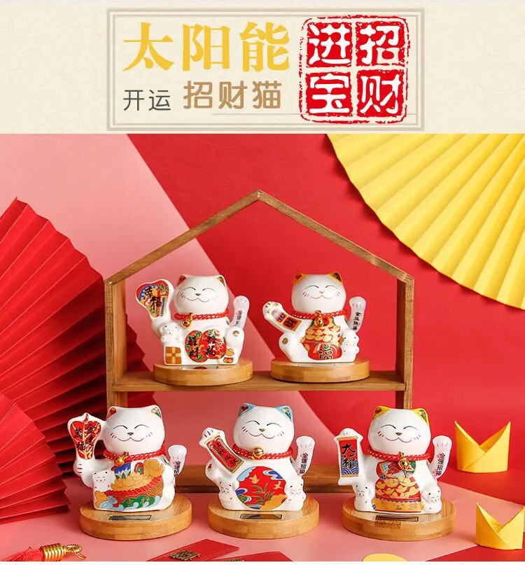 #HD1031 Solar Waving Lucky Cat Wood stand Ceramic Automatic Beckoning Car Household Decoration Craft  Gift