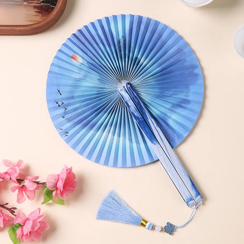 3 pc Lot Round Folding Fan Printed Paper with Magnetic Suction Ancient Chinese Craft Hanfu Clothing Accessories