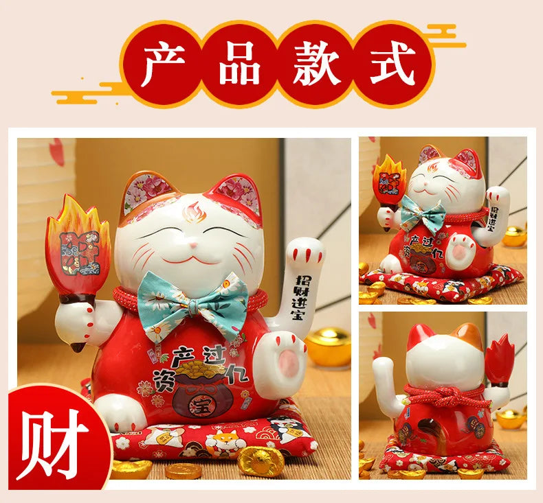 7.5 inches Waving Fortune Cat Statue Ceramic Maneki Neko Lucky Cat Home Decor Waving Hand Cat Feng Shui Ceramic