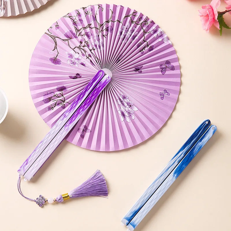 3 pc Lot Round Folding Fan Printed Paper with Magnetic Suction Ancient Chinese Craft Hanfu Clothing Accessories