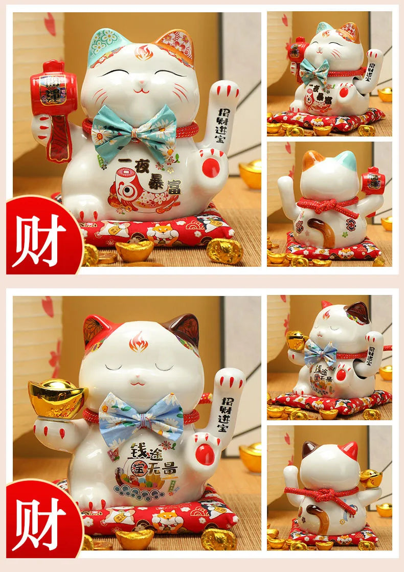 7.5 inches Waving Fortune Cat Statue Ceramic Maneki Neko Lucky Cat Home Decor Waving Hand Cat Feng Shui Ceramic