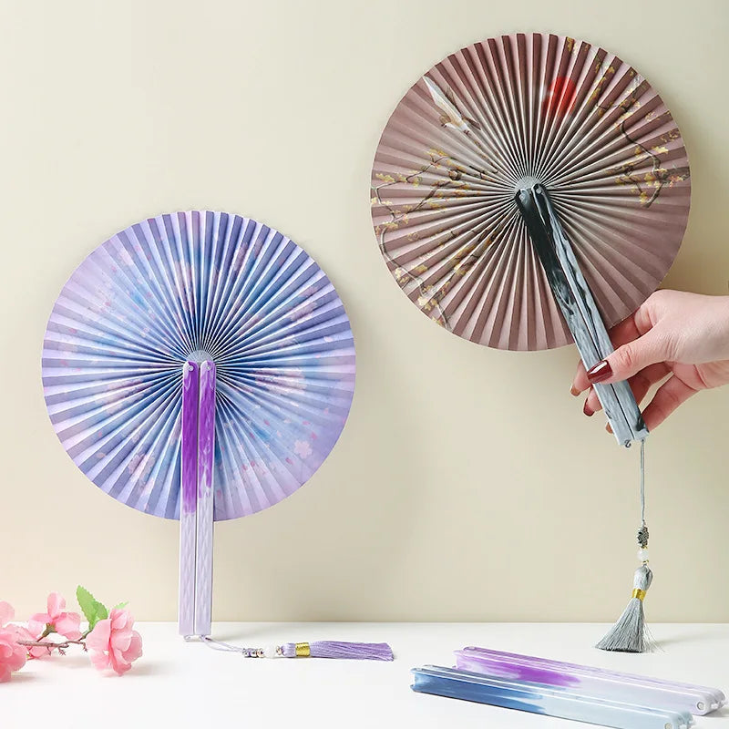 3 pc Lot Round Folding Fan Printed Paper with Magnetic Suction Ancient Chinese Craft Hanfu Clothing Accessories
