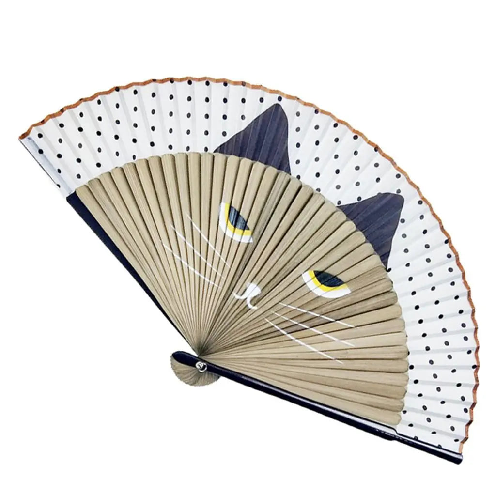 #HE1005 Cat Fan Bamboo Wooden Chinese Style Exiquisite Summer Gift Cartoon Totora  Patterns Home Decoration Fan Crafts Silk Fan Folding Fan