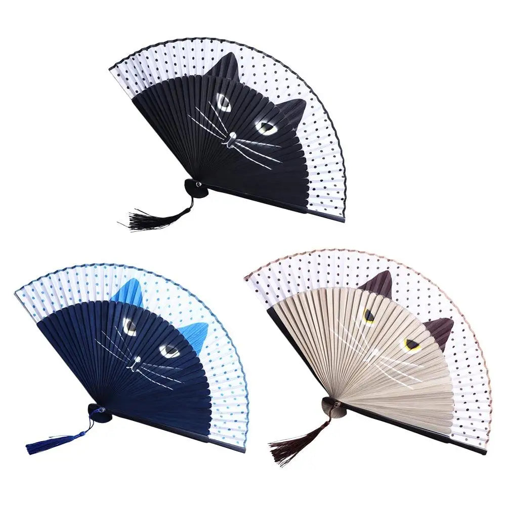 #HE1005 Cat Fan Bamboo Wooden Chinese Style Exiquisite Summer Gift Cartoon Totora  Patterns Home Decoration Fan Crafts Silk Fan Folding Fan