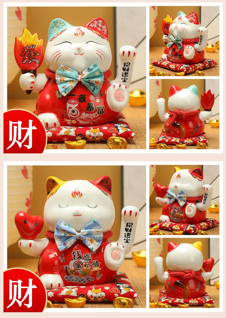 7.5 inches Waving Fortune Cat Statue Ceramic Maneki Neko Lucky Cat Home Decor Waving Hand Cat Feng Shui Ceramic