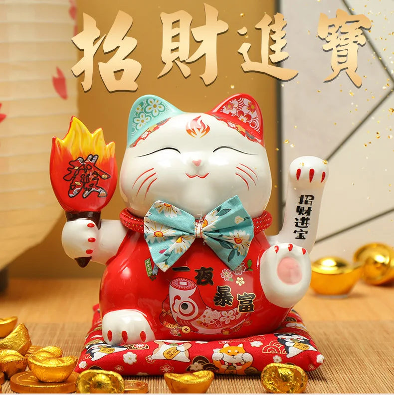 7.5 inches Waving Fortune Cat Statue Ceramic Maneki Neko Lucky Cat Home Decor Waving Hand Cat Feng Shui Ceramic