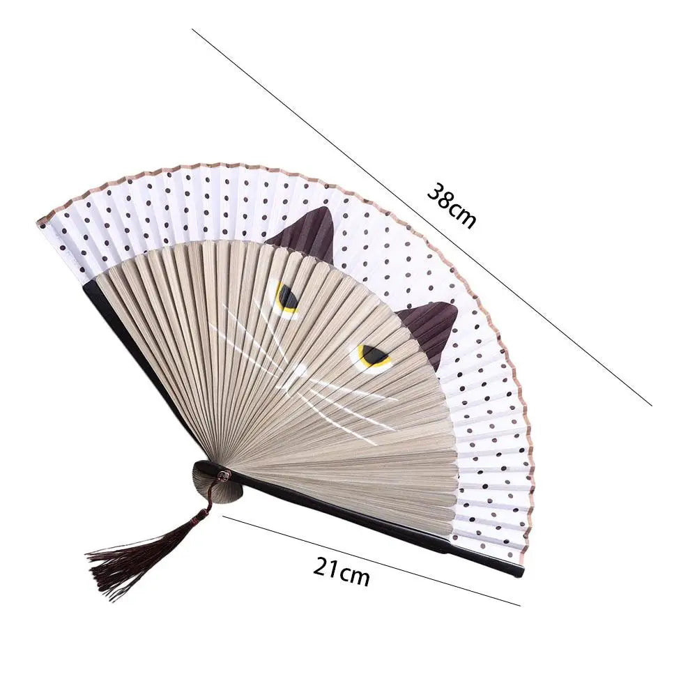 #HE1005 Cat Fan Bamboo Wooden Chinese Style Exiquisite Summer Gift Cartoon Totora  Patterns Home Decoration Fan Crafts Silk Fan Folding Fan