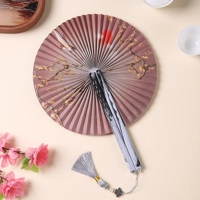 3 pc Lot Round Folding Fan Printed Paper with Magnetic Suction Ancient Chinese Craft Hanfu Clothing Accessories