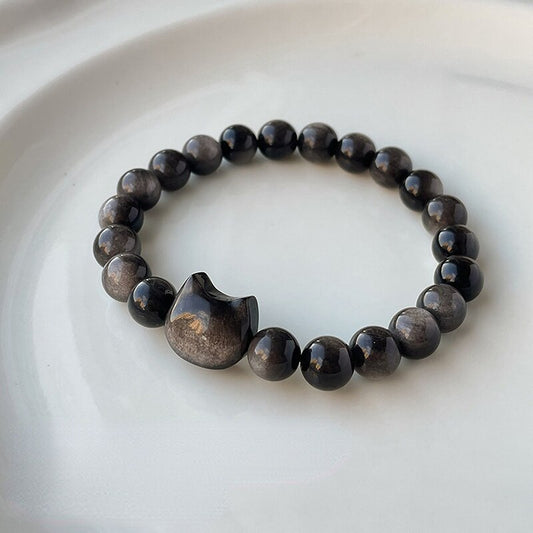 #JB1006 Natrual Silver Obsidian with lucky Cat charm Bracelet gift 8 mm/10 mm