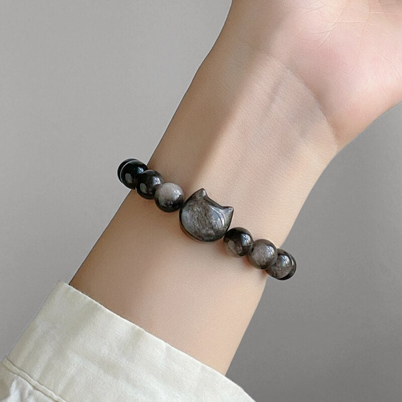 #JB1006 Natrual Silver Obsidian with lucky Cat charm Bracelet gift 8 mm/10 mm