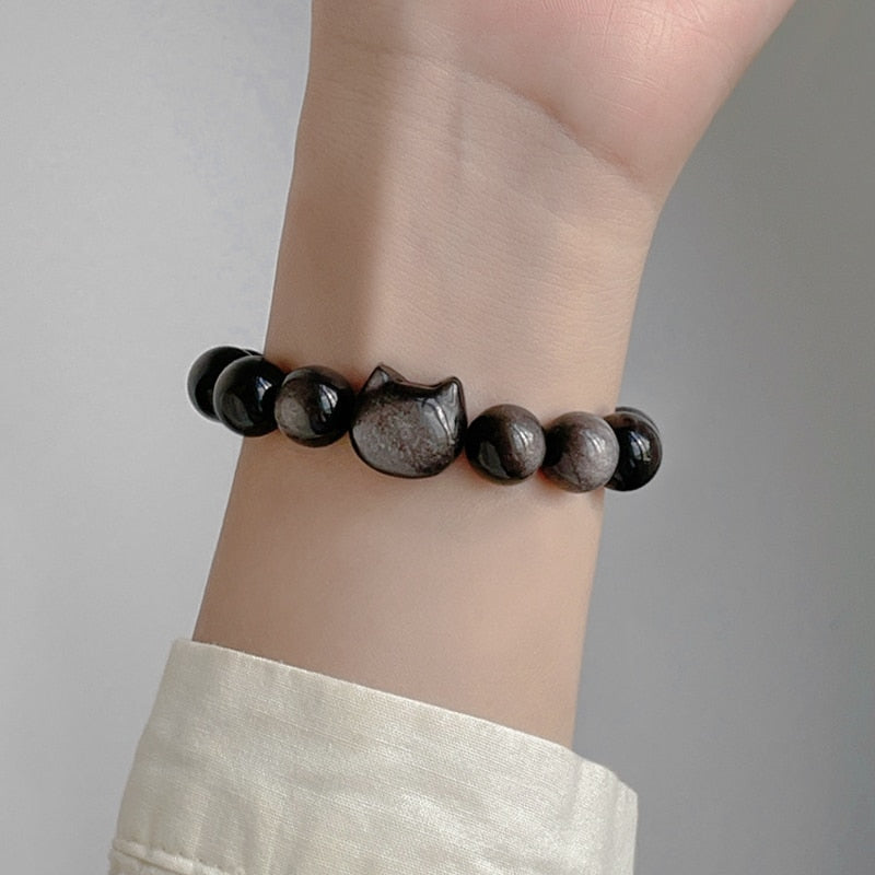 #JB1006 Natrual Silver Obsidian with lucky Cat charm Bracelet gift 8 mm/10 mm