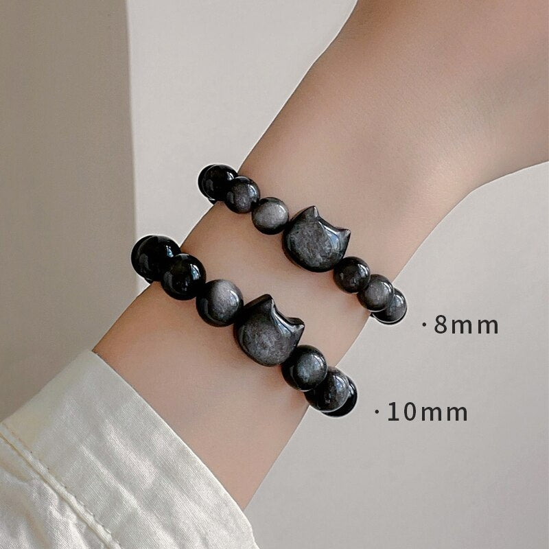 #JB1006 Natrual Silver Obsidian with lucky Cat charm Bracelet gift 8 mm/10 mm