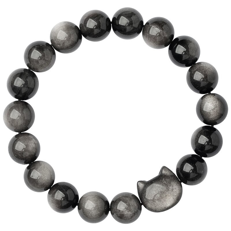 #JB1006 Natrual Silver Obsidian with lucky Cat charm Bracelet gift 8 mm/10 mm