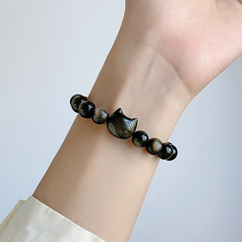 #JB1006 Natrual Silver Obsidian with lucky Cat charm Bracelet gift 8 mm/10 mm