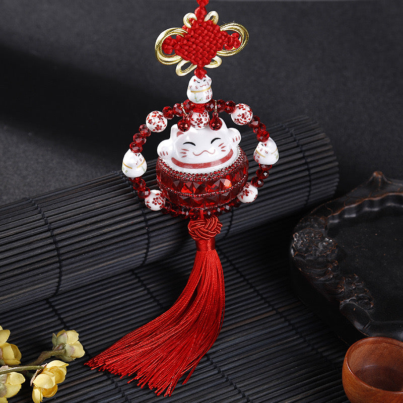 #HA021 handmade  High Grade Lucky Cat Rhinestone Crystal Hanging Ornament Ceramic Fortune Auto Decoration