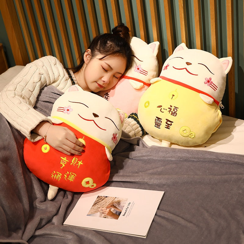 #1008 Lucky Cat  Cushion with hand warm  Fortune Cat Pillow with Blanket Plush Toys Stuffed Car Decoration Gift