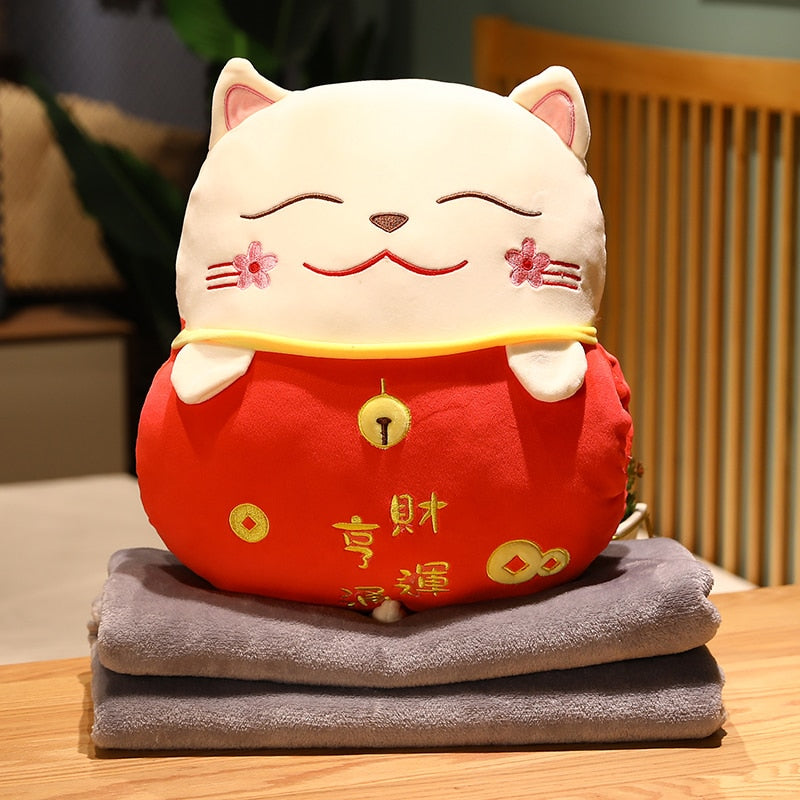 #1008 Lucky Cat  Cushion with hand warm  Fortune Cat Pillow with Blanket Plush Toys Stuffed Car Decoration Gift