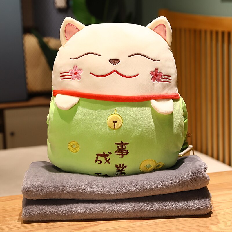 #1008 Lucky Cat  Cushion with hand warm  Fortune Cat Pillow with Blanket Plush Toys Stuffed Car Decoration Gift