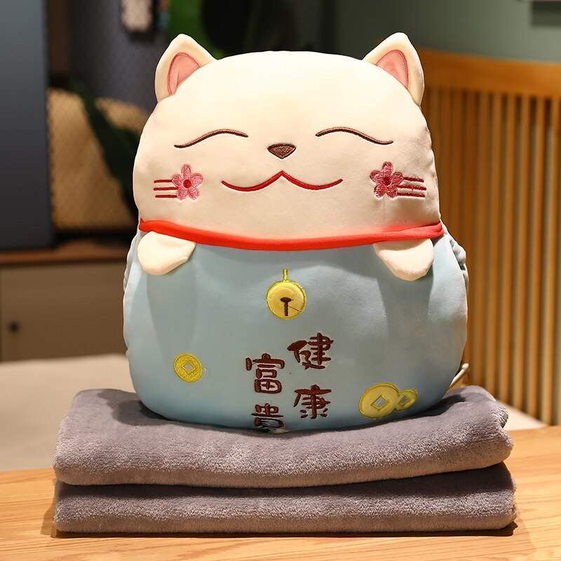 #1008 Lucky Cat  Cushion with hand warm  Fortune Cat Pillow with Blanket Plush Toys Stuffed Car Decoration Gift