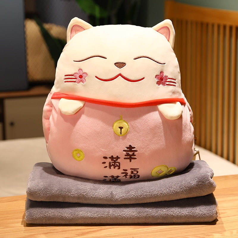 #1008 Lucky Cat  Cushion with hand warm  Fortune Cat Pillow with Blanket Plush Toys Stuffed Car Decoration Gift