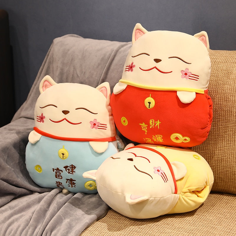 #1008 Lucky Cat  Cushion with hand warm  Fortune Cat Pillow with Blanket Plush Toys Stuffed Car Decoration Gift