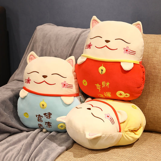 #1008 Lucky Cat  Cushion with hand warm  Fortune Cat Pillow with Blanket Plush Toys Stuffed Car Decoration Gift
