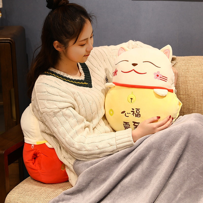 #1008 Lucky Cat  Cushion with hand warm  Fortune Cat Pillow with Blanket Plush Toys Stuffed Car Decoration Gift