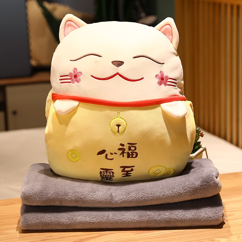 #1008 Lucky Cat  Cushion with hand warm  Fortune Cat Pillow with Blanket Plush Toys Stuffed Car Decoration Gift