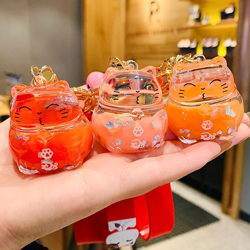 #HA1005 Liquid filled  keychain Lucky Cat keyring Cute Maneki Wristband Keychain For Women Bag Pendent