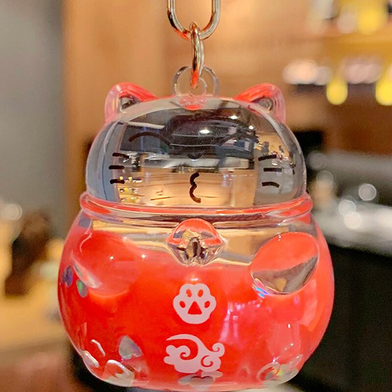 #HA1005 Liquid filled  keychain Lucky Cat keyring Cute Maneki Wristband Keychain For Women Bag Pendent