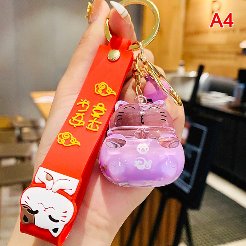 #HA1005 Liquid filled  keychain Lucky Cat keyring Cute Maneki Wristband Keychain For Women Bag Pendent