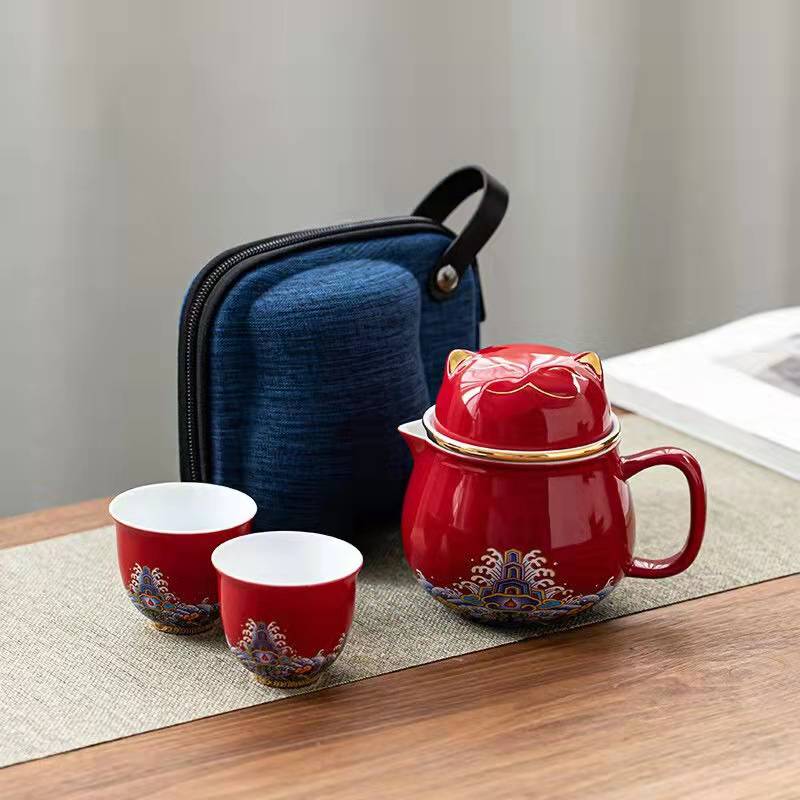 #HD1021 Fortune cat Portable Teapot Set 320 ml for Outdoor Travel Ceramic with Tea Filter Tea Cup