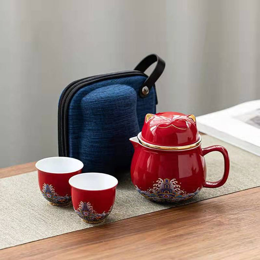 #HD1021 Fortune cat Portable Teapot Set 320 ml for Outdoor Travel Ceramic with Tea Filter Tea Cup