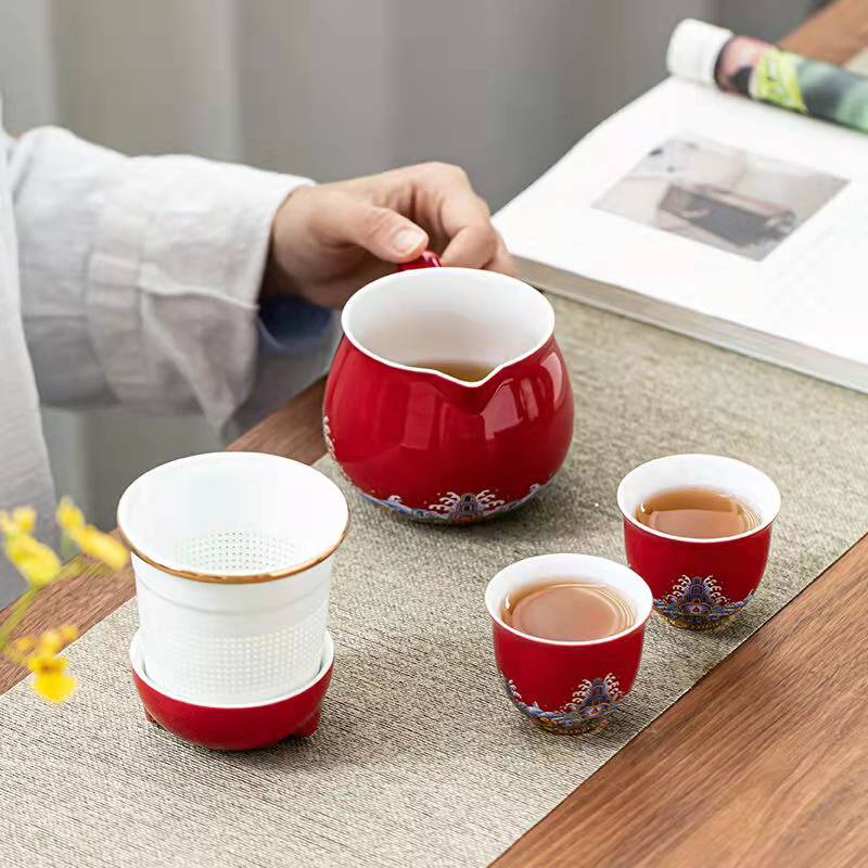 #HD1021 Fortune cat Portable Teapot Set 320 ml for Outdoor Travel Ceramic with Tea Filter Tea Cup