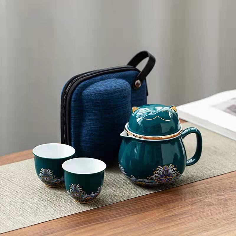 #HD1021 Fortune cat Portable Teapot Set 320 ml for Outdoor Travel Ceramic with Tea Filter Tea Cup