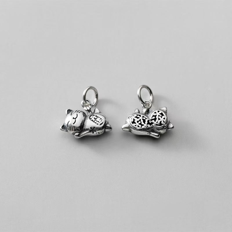 #201 S925 sterling silver  fortune cat pendant charm  high quality vintage matte  hollowed out design DIY jewerlry