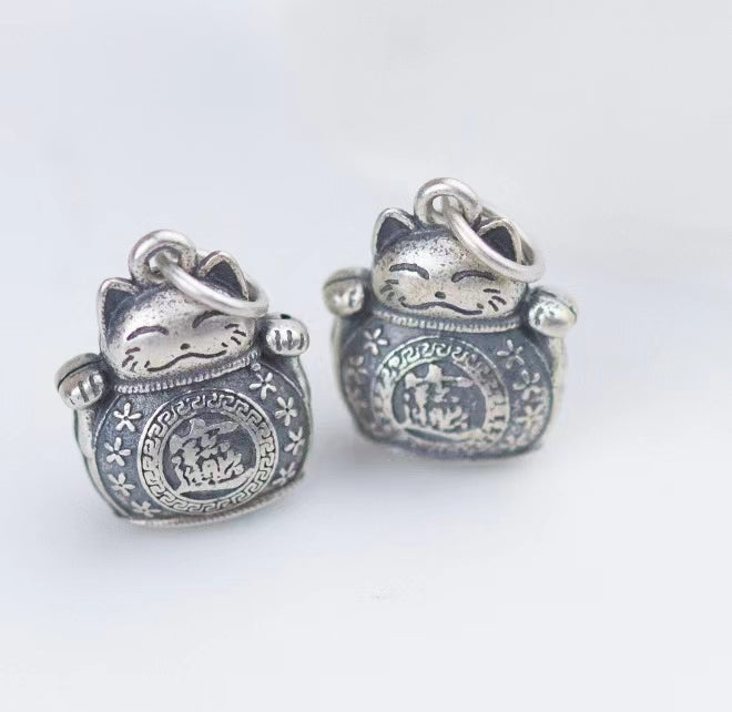 #201 S925 sterling silver  fortune cat pendant charm  high quality vintage matte  hollowed out design DIY jewerlry
