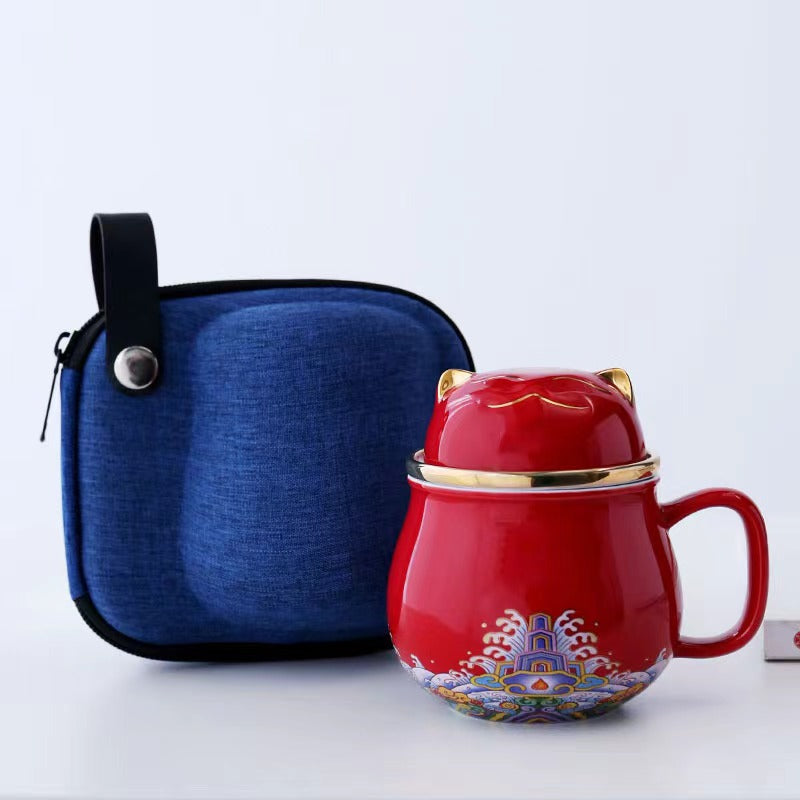 #HD1021 Fortune cat Portable Teapot Set 320 ml for Outdoor Travel Ceramic with Tea Filter Tea Cup