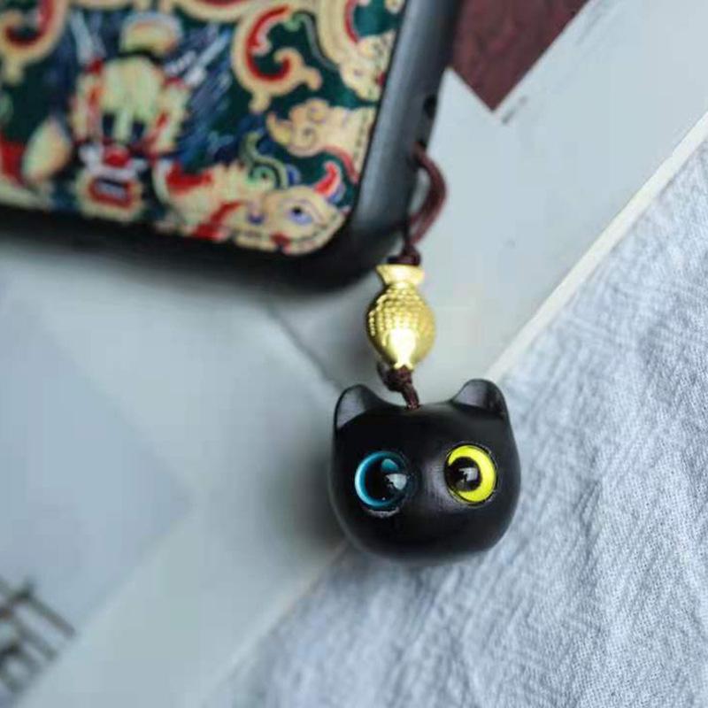sandal wood hand carving cat pendant for phone chain key chain backpack handbag gift