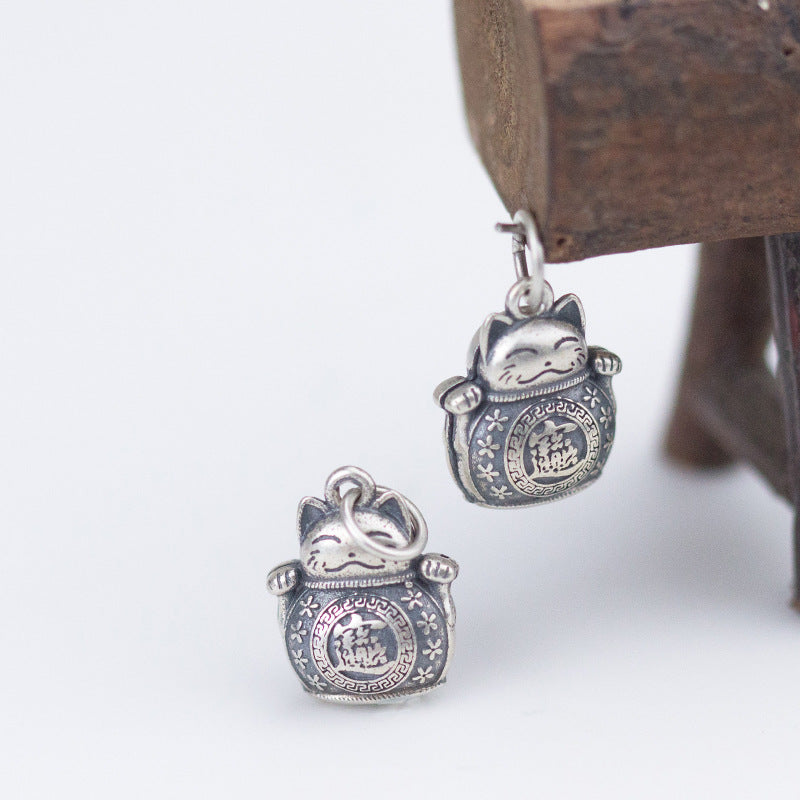 #201 S925 sterling silver  fortune cat pendant charm  high quality vintage matte  hollowed out design DIY jewerlry
