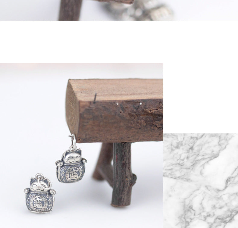 #201 S925 sterling silver  fortune cat pendant charm  high quality vintage matte  hollowed out design DIY jewerlry