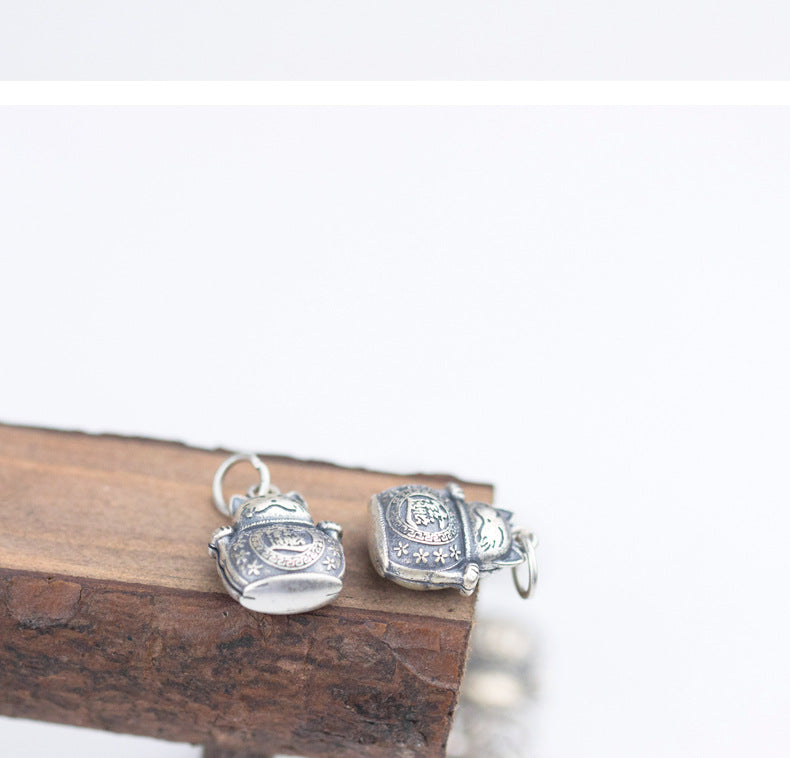 #201 S925 sterling silver  fortune cat pendant charm  high quality vintage matte  hollowed out design DIY jewerlry