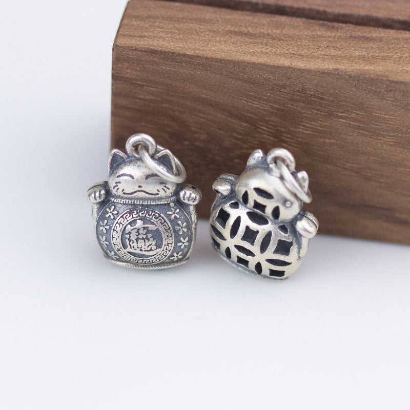 #201 S925 sterling silver  fortune cat pendant charm  high quality vintage matte  hollowed out design DIY jewerlry