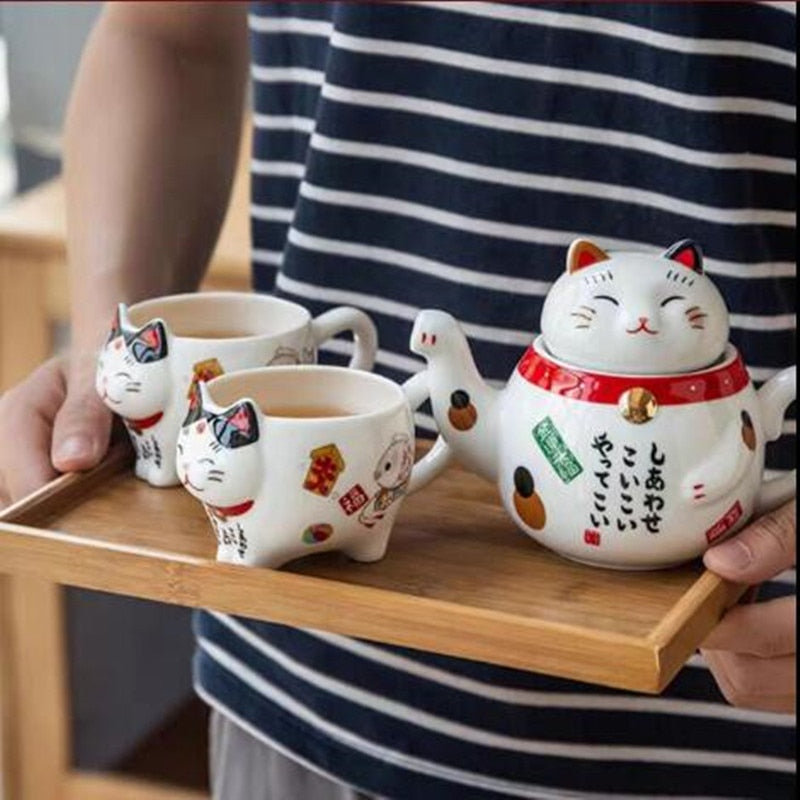 #HD1023 Cute Lucky Cat Porcelain Tea Set Creative Maneki Neko Ceramic Tea Cup Pot With Strainer Lovely Plutus Cat Fortune cat Teapot no