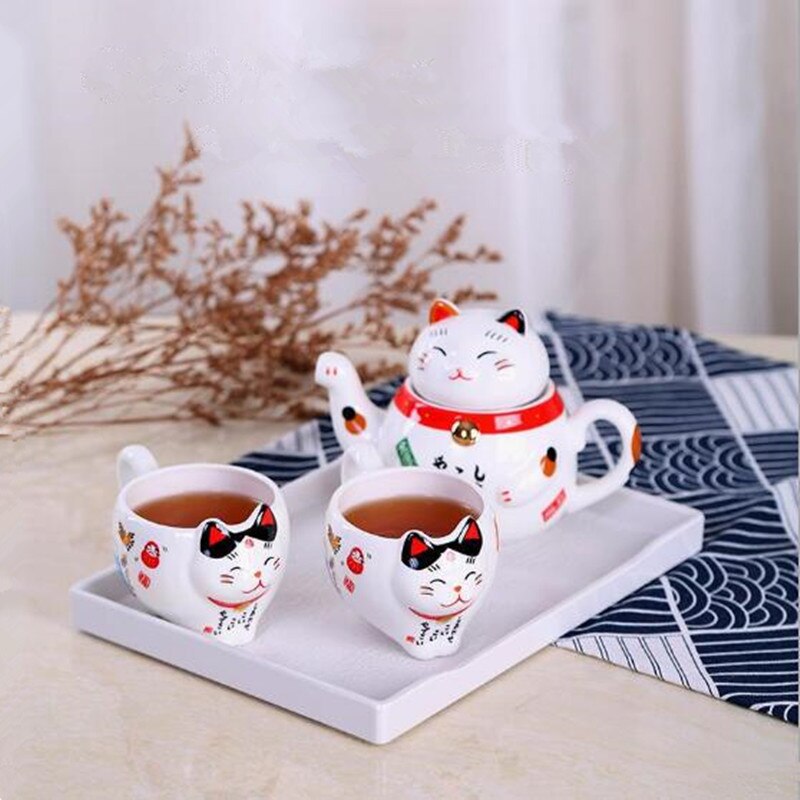 #HD1023 Cute Lucky Cat Porcelain Tea Set Creative Maneki Neko Ceramic Tea Cup Pot With Strainer Lovely Plutus Cat Fortune cat Teapot no