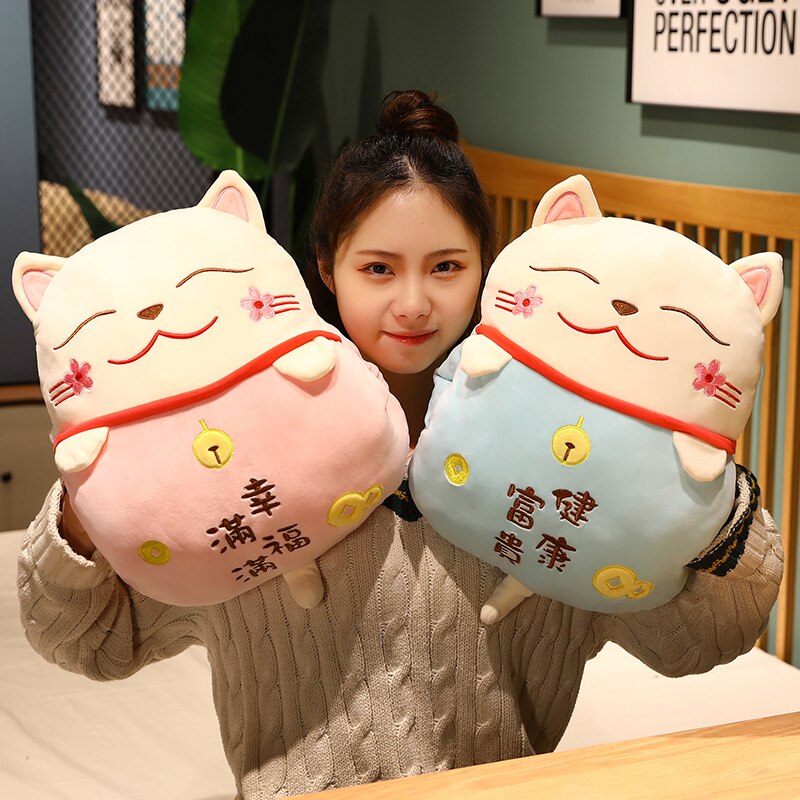 #1008 Lucky Cat  Cushion with hand warm  Fortune Cat Pillow with Blanket Plush Toys Stuffed Car Decoration Gift