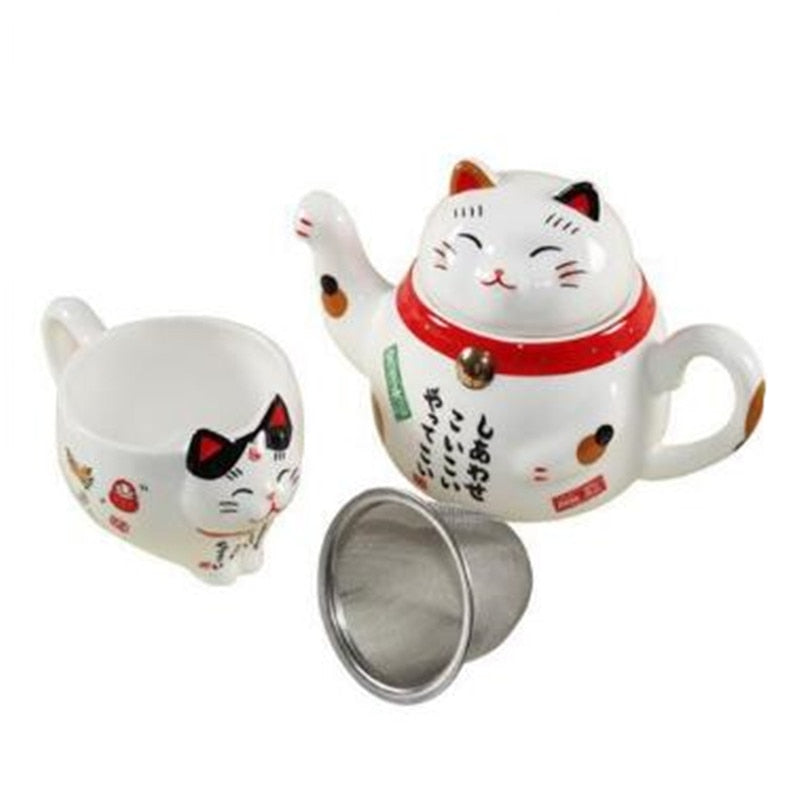 #HD1023 Cute Lucky Cat Porcelain Tea Set Creative Maneki Neko Ceramic Tea Cup Pot With Strainer Lovely Plutus Cat Fortune cat Teapot no