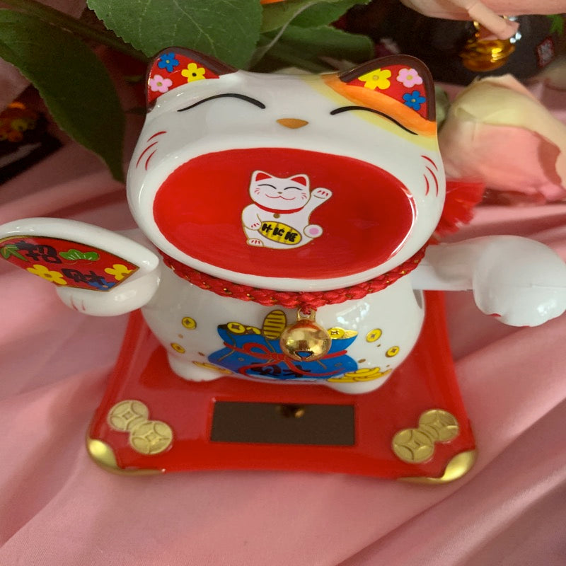 #111 Arm waving solar 4.5 inches home deco fortune cat lucky cat figurine sunpower